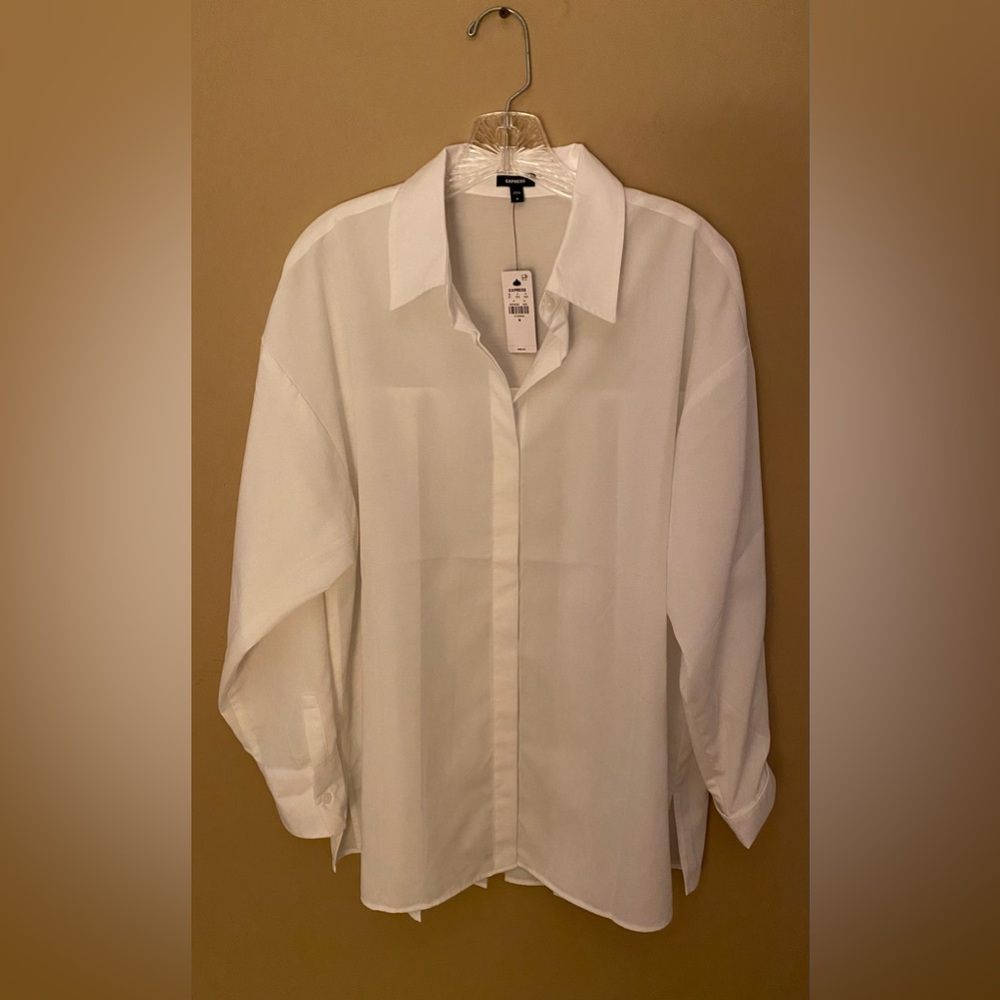 Express White Button-Up Pleated Back Shirt